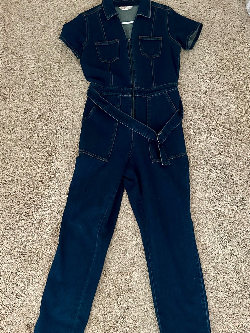 Dark Navy Denim Short-Sleeve Utility Jumpsuit with Waist Tie